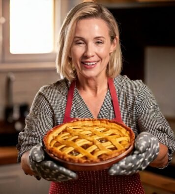 Firefly Middle aged woman head holing a pie in her kictchen, wearing cooking mittens, smiling and at Firefly Middle aged woman head holing a pie in her kictchen, wearing cooking mittens, smiling and at