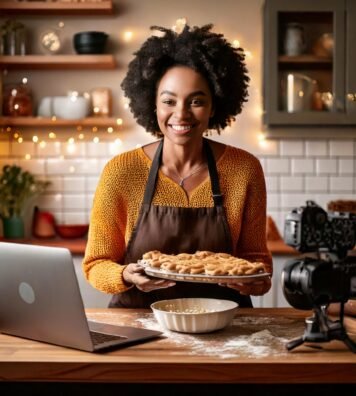 Firefly Woman in kitchen making pies, with sign Liv's Pies. Laptop and camera 22012 Firefly Woman in kitchen making pies, with sign Liv's Pies. Laptop and camera 22012