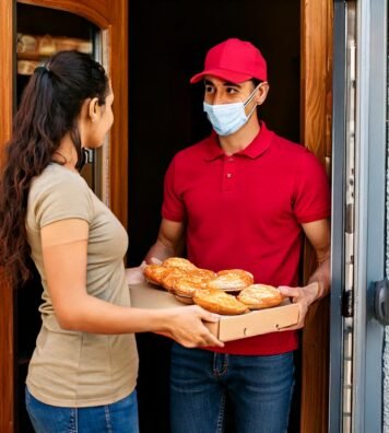 Firefly delivery man at the door getting pies from a woman 76963 Firefly delivery man at the door getting pies from a woman 76963