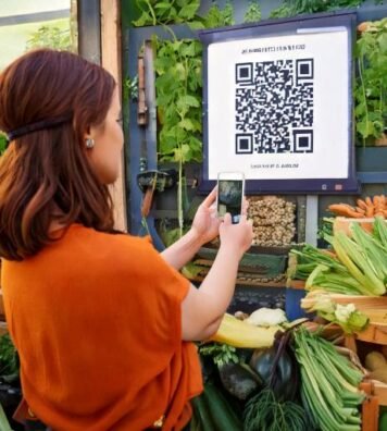 Firefly woman at farmers market holding a cell phone and taking a photo of a sign with a QR code sig (5) Firefly woman at farmers market holding a cell phone and taking a photo of a sign with a QR code sig (5)
